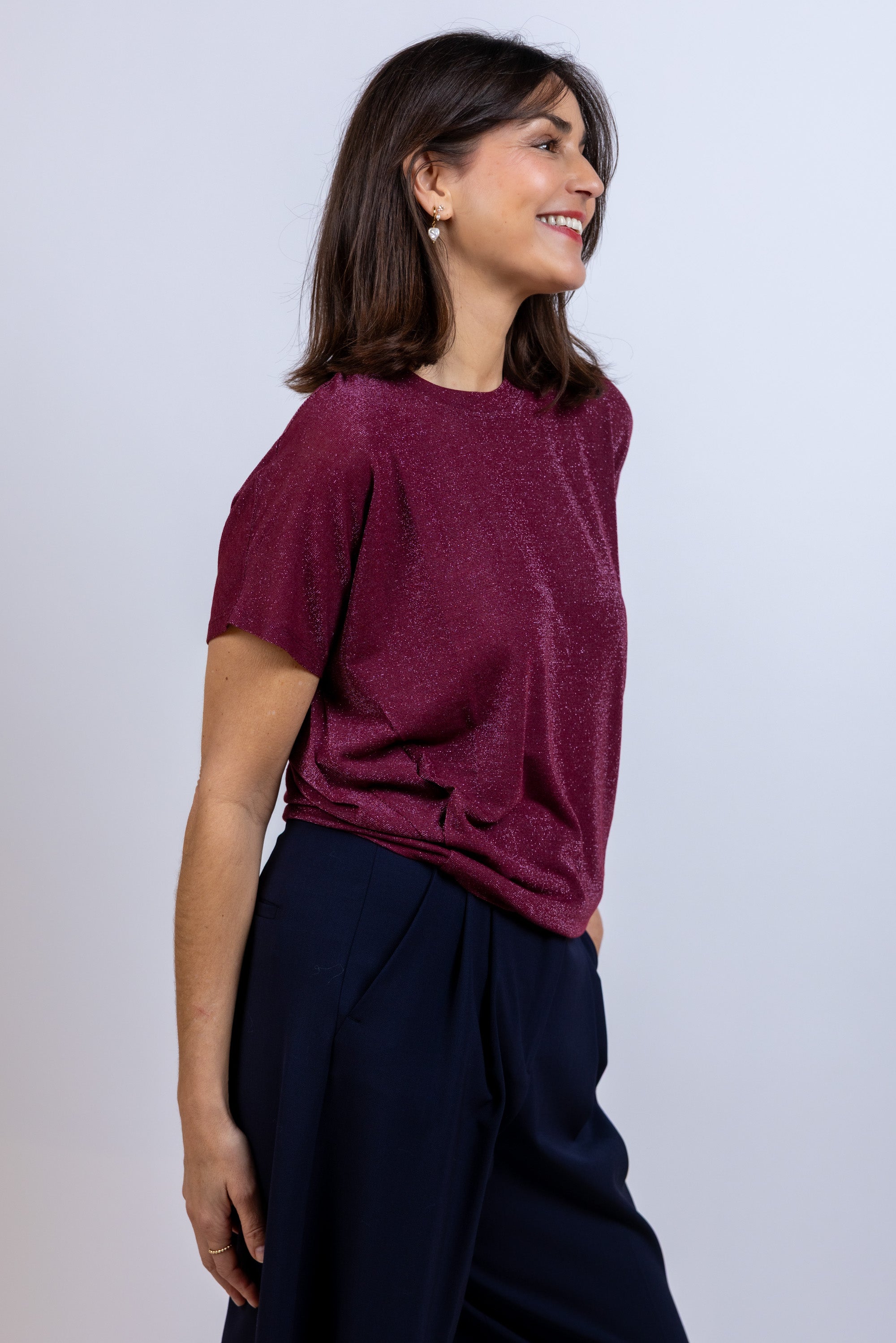 T-shirt met glitter - Framboos