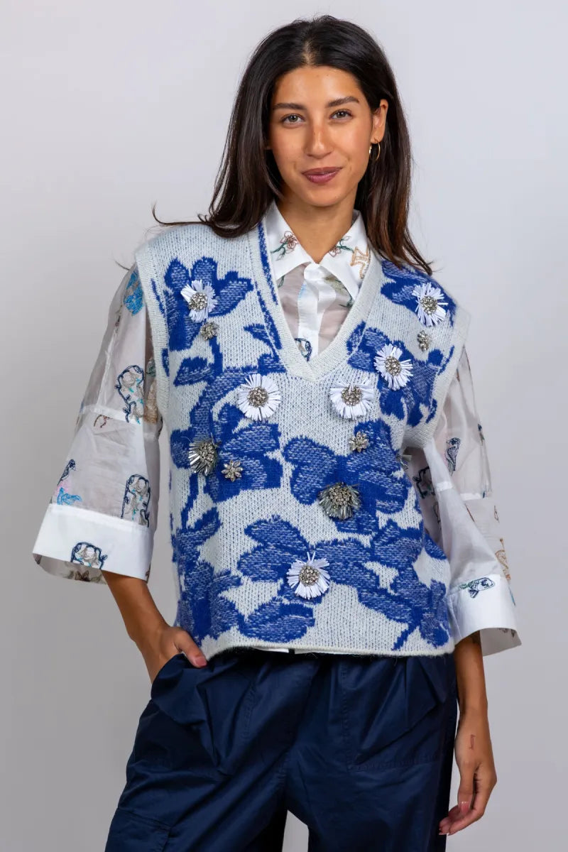 0039 ITALY Spencer met bloemen - Kobaltblauw