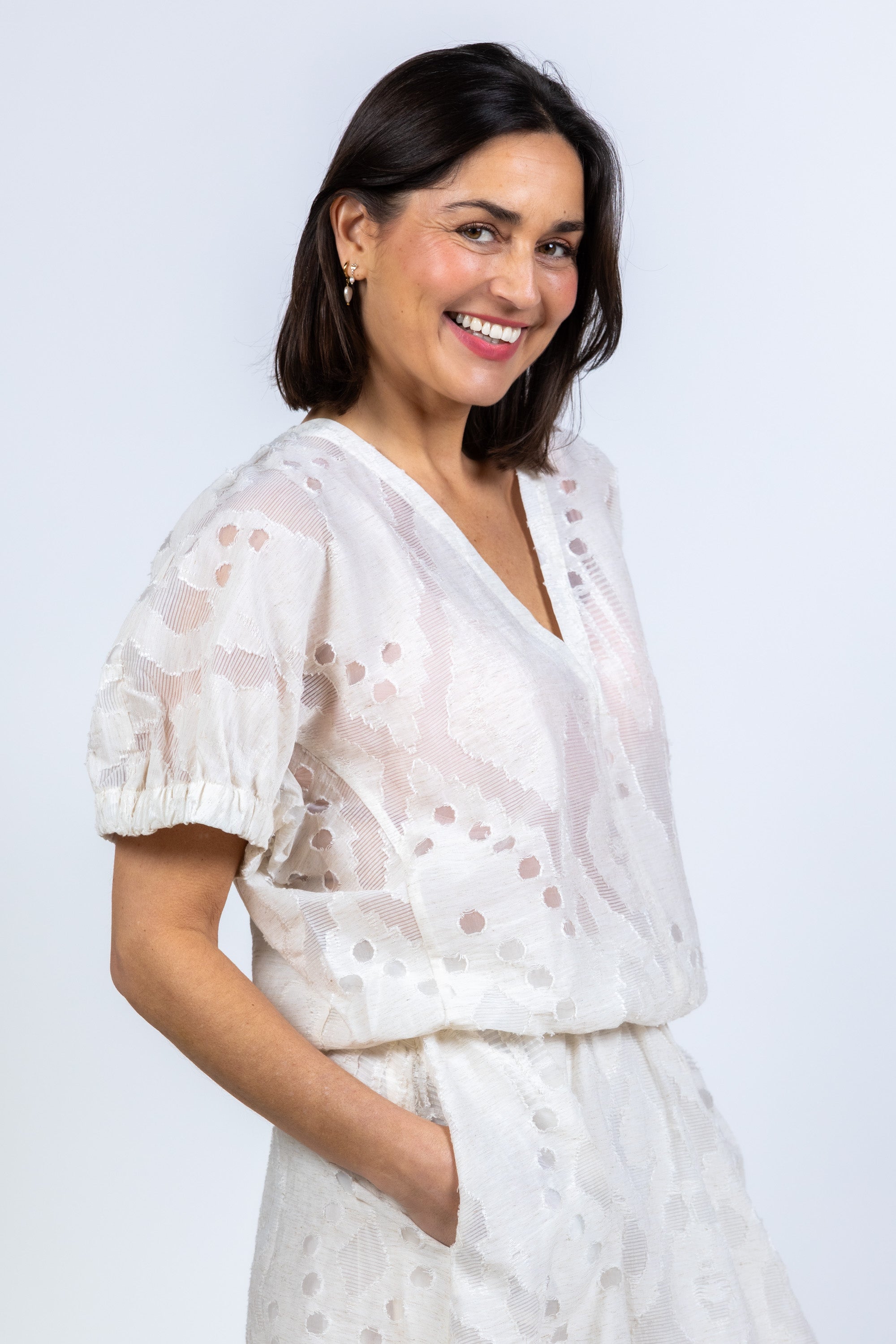 Blouse met v-hals - Ecru