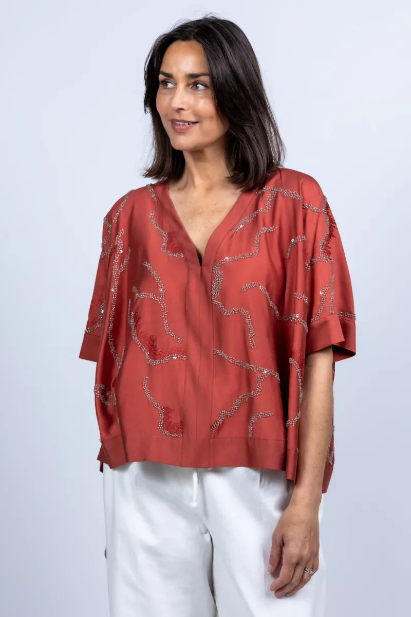 MARCCAIN COLLECTIE Blouse met pailletten - Steenrood
