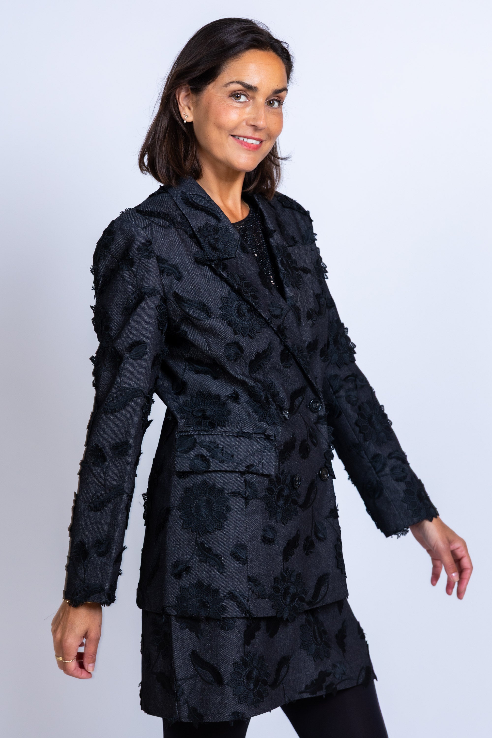 Blazer met bloemen - Black denim