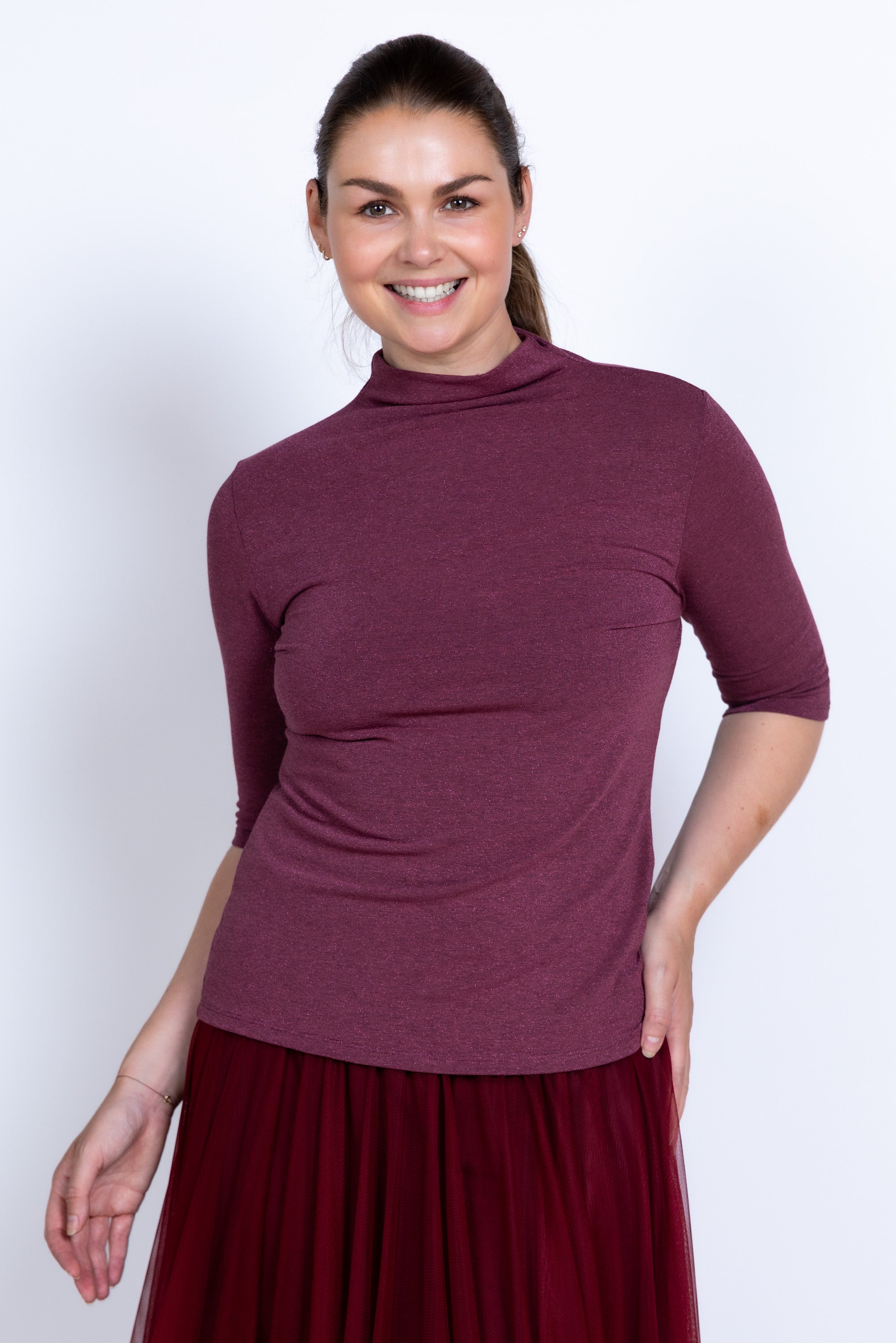 T-shirt met col - Donkerroze