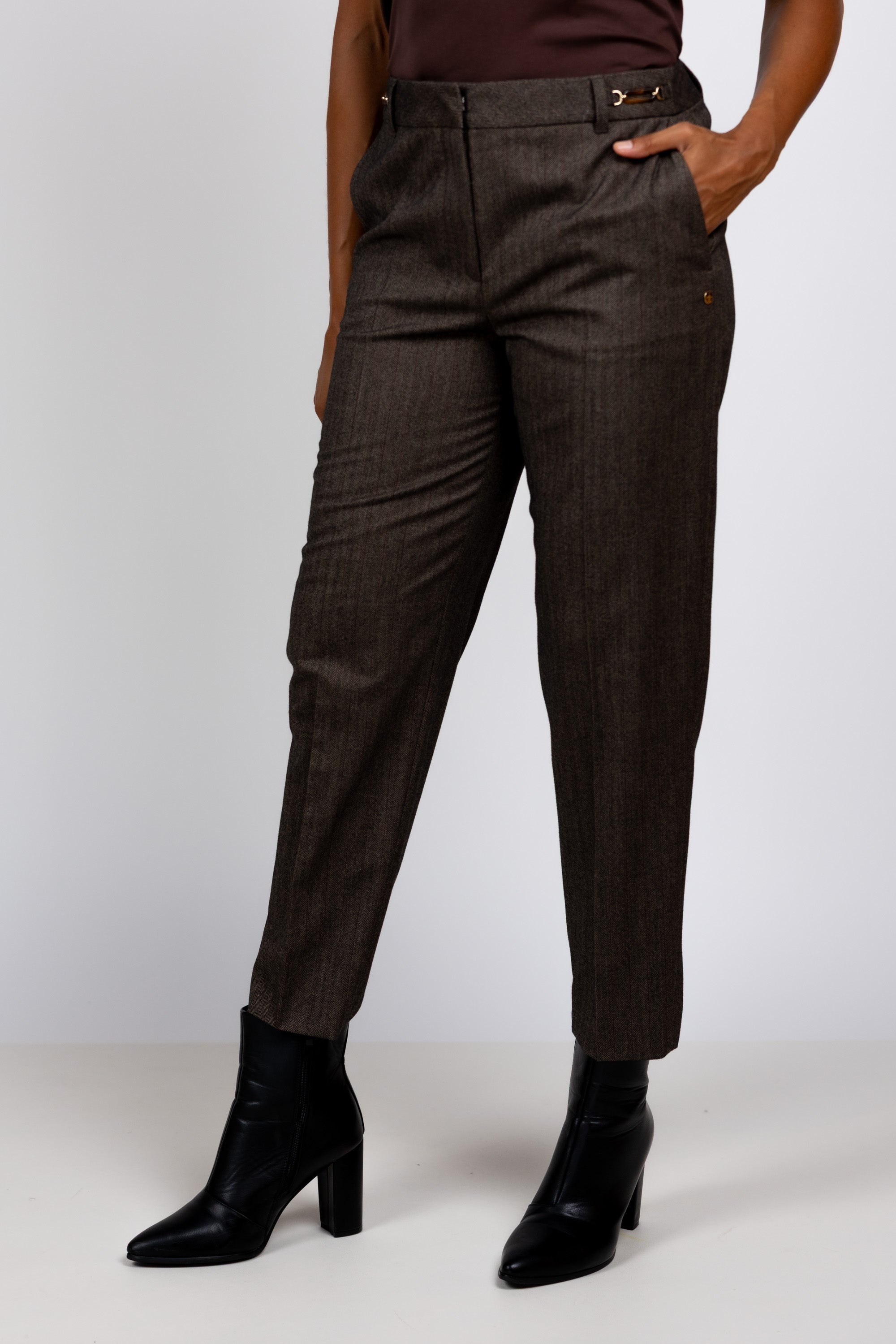 Pantalon met visgraat - Bruin