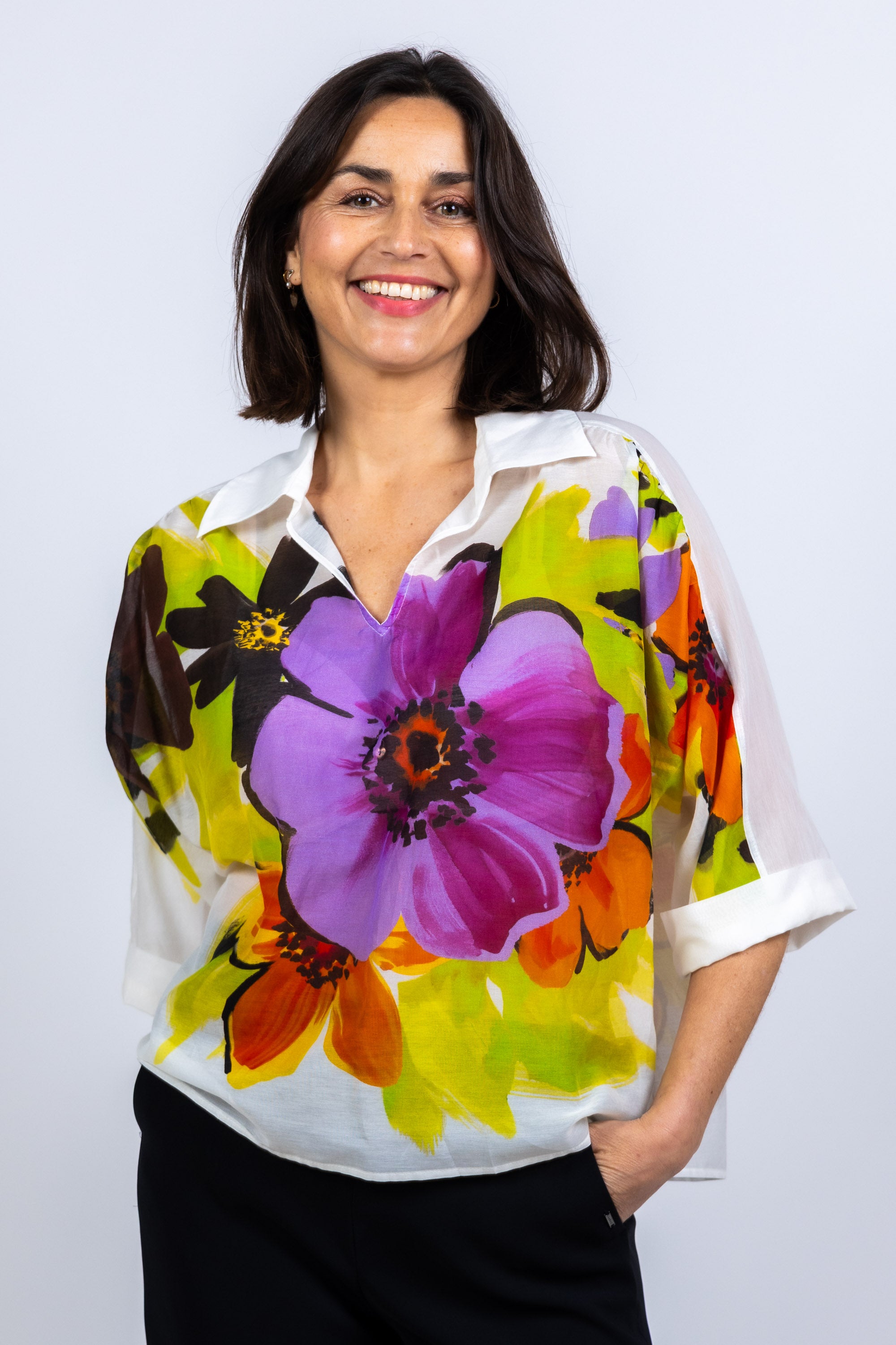 Blouse met bloemenprint - Ecru