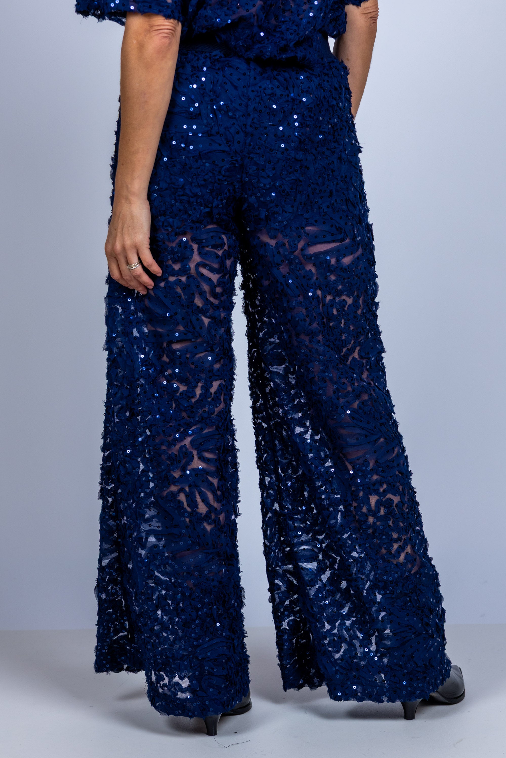 Wijde broek met pailletten - Marine