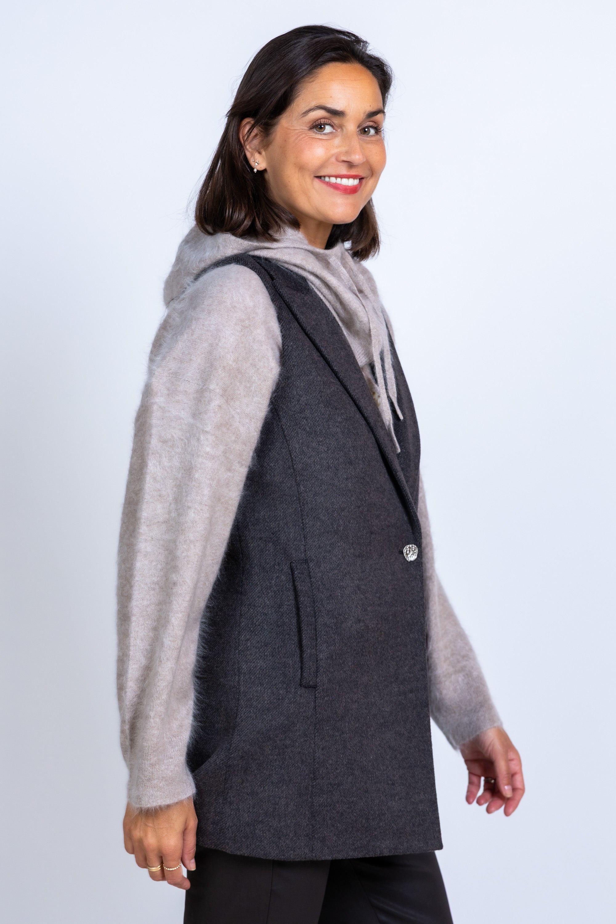Lang gilet met knoop - Antraciet