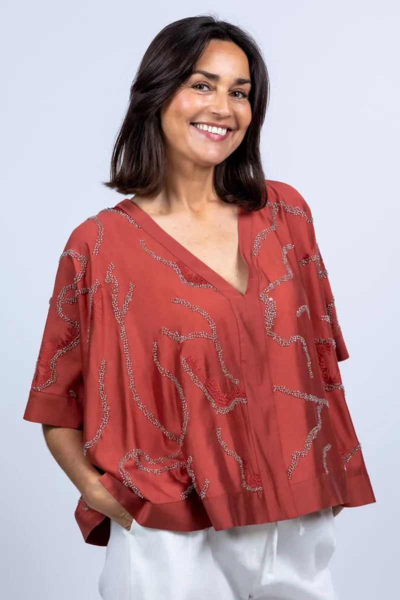 MARCCAIN COLLECTIE Blouse met pailletten - Steenrood