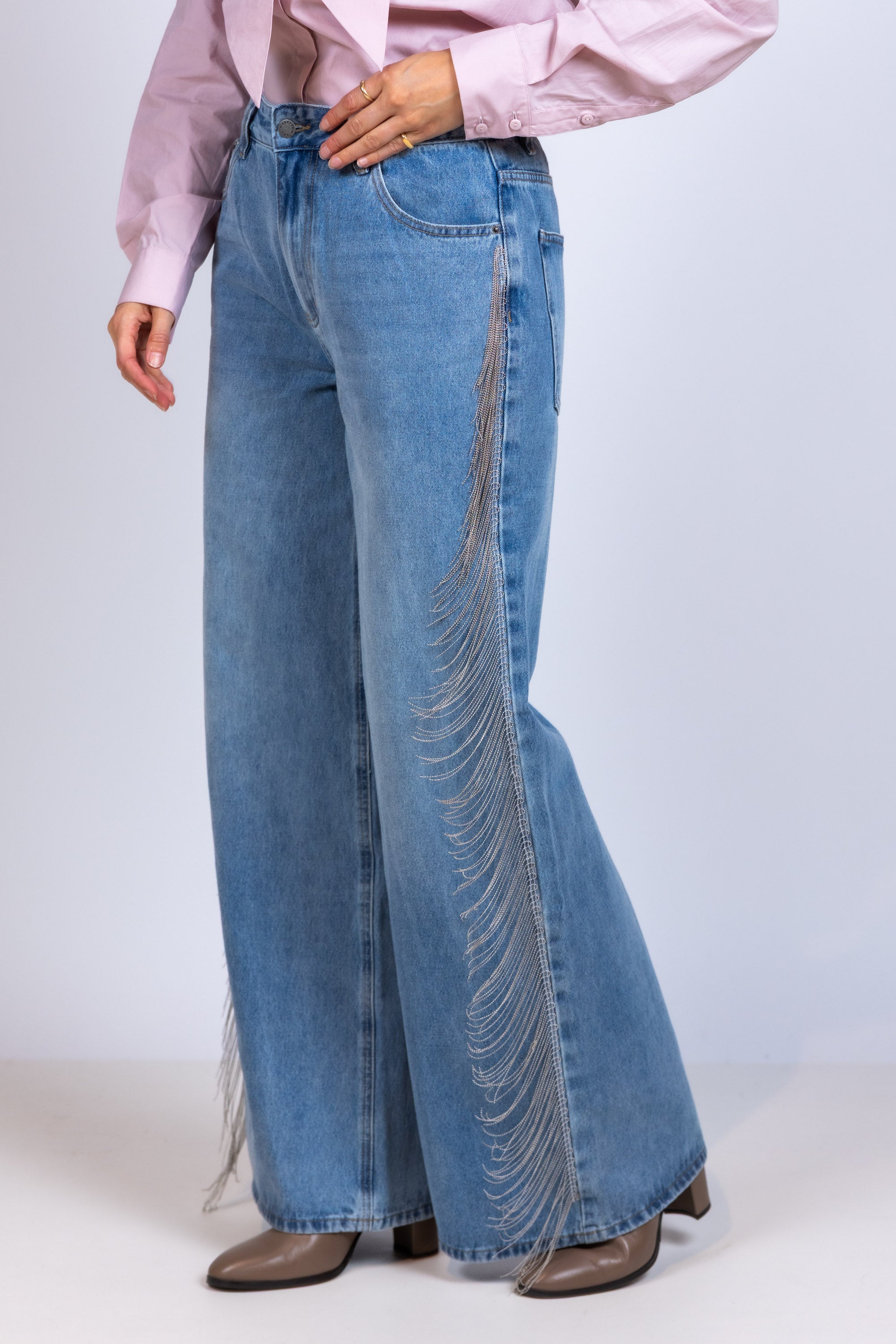 Wijde jeans met franjes - Licht jeans