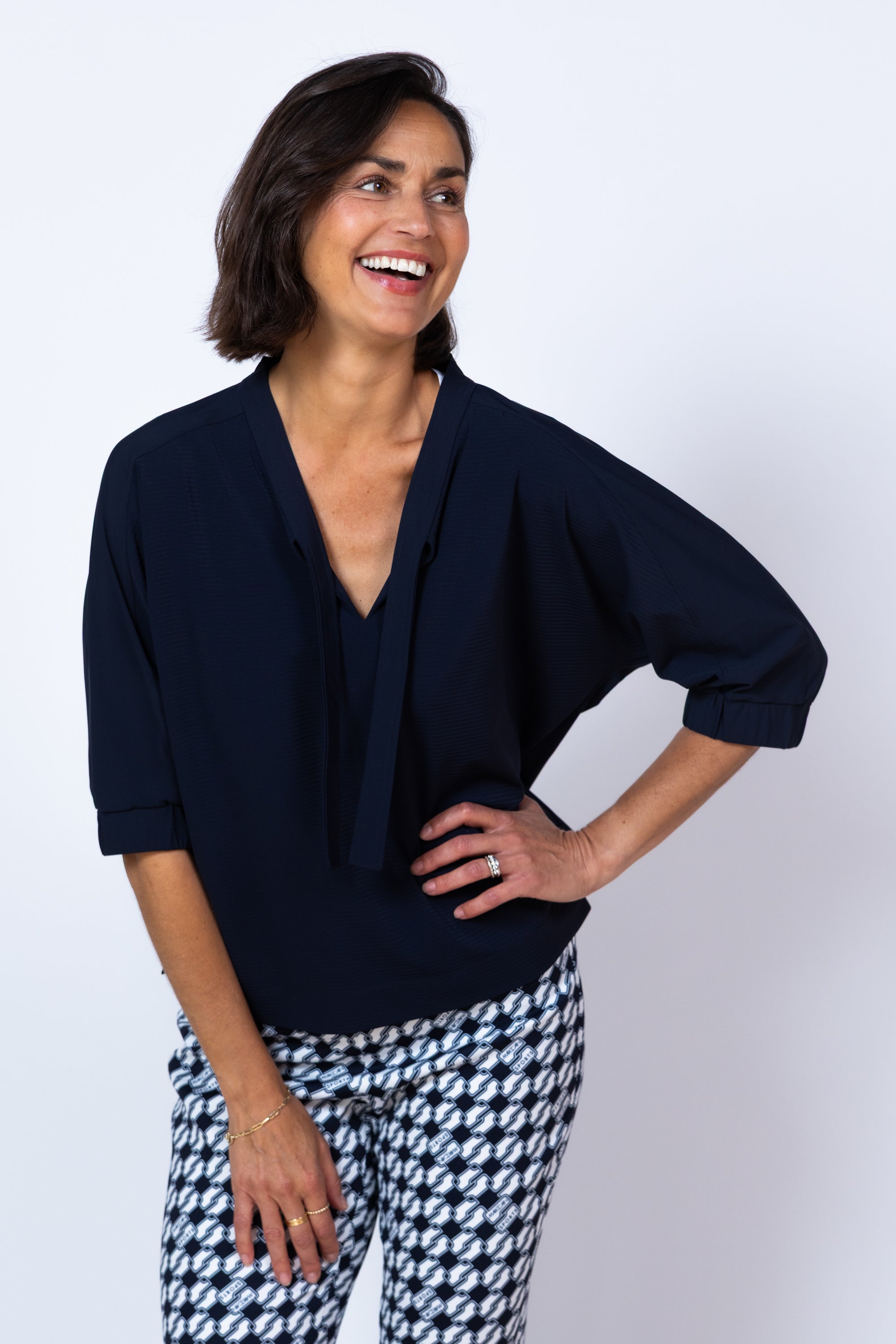 Blouse met strikkoord - Marine