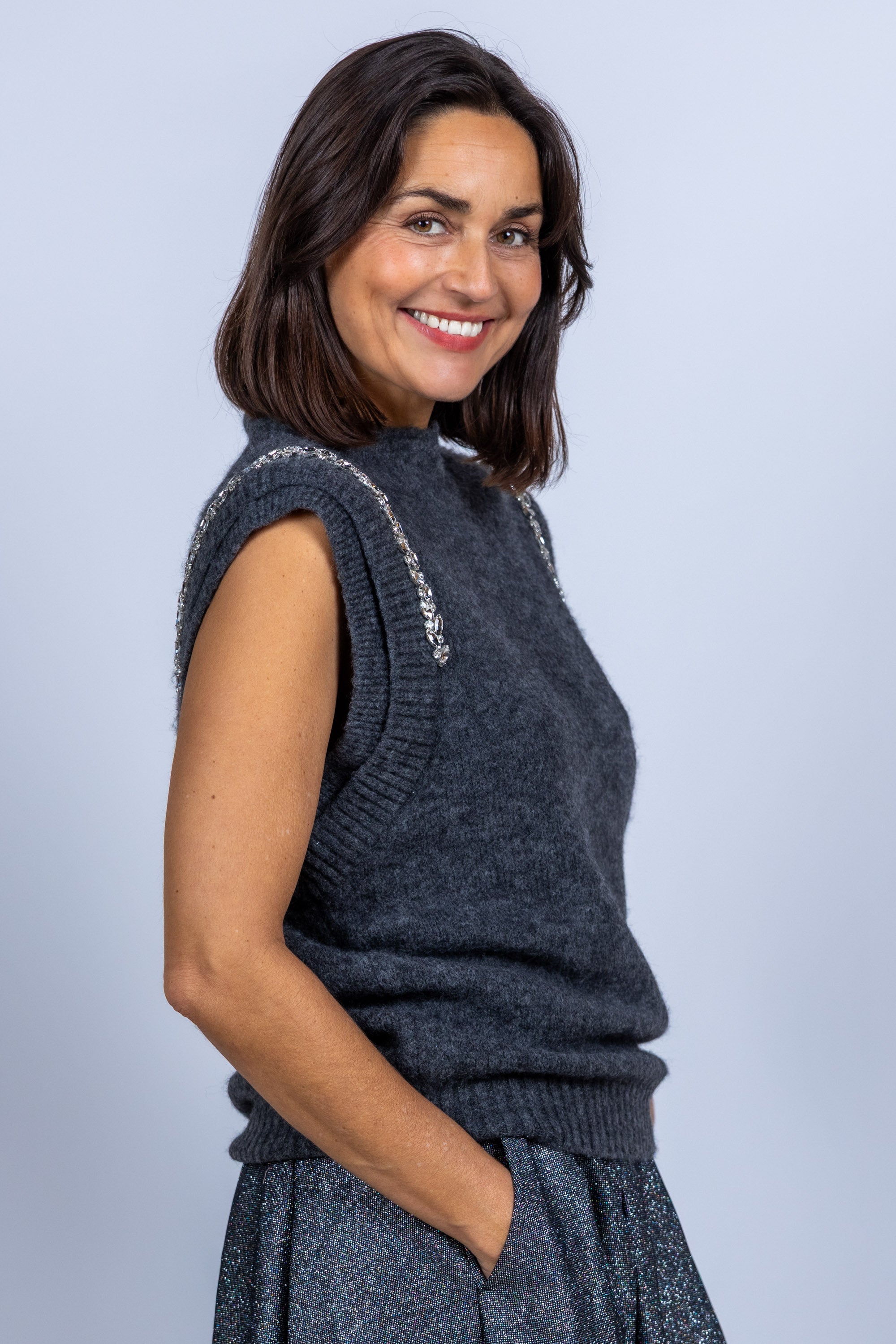 Gebreide mouwloze trui - Antraciet