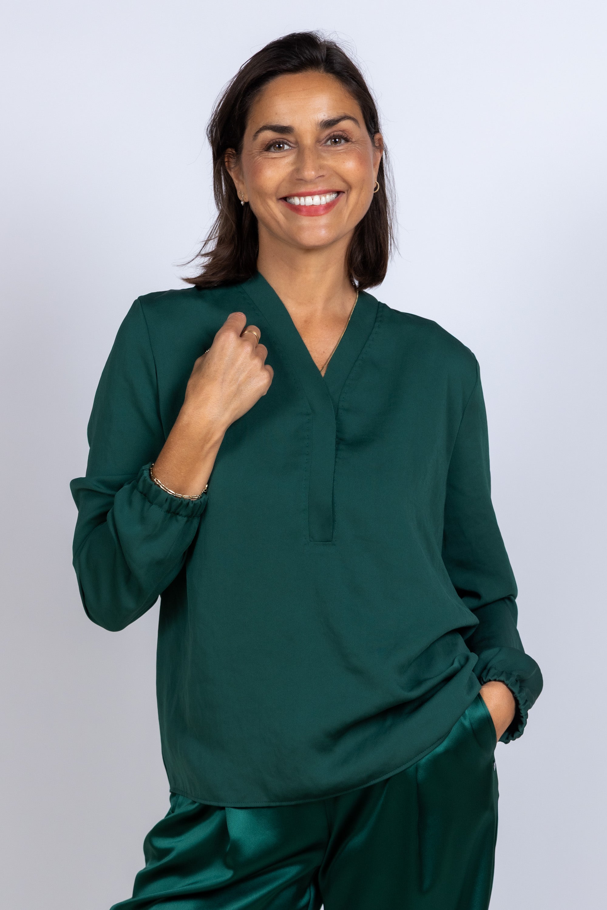 Blouse met V-hals - Flessegroen