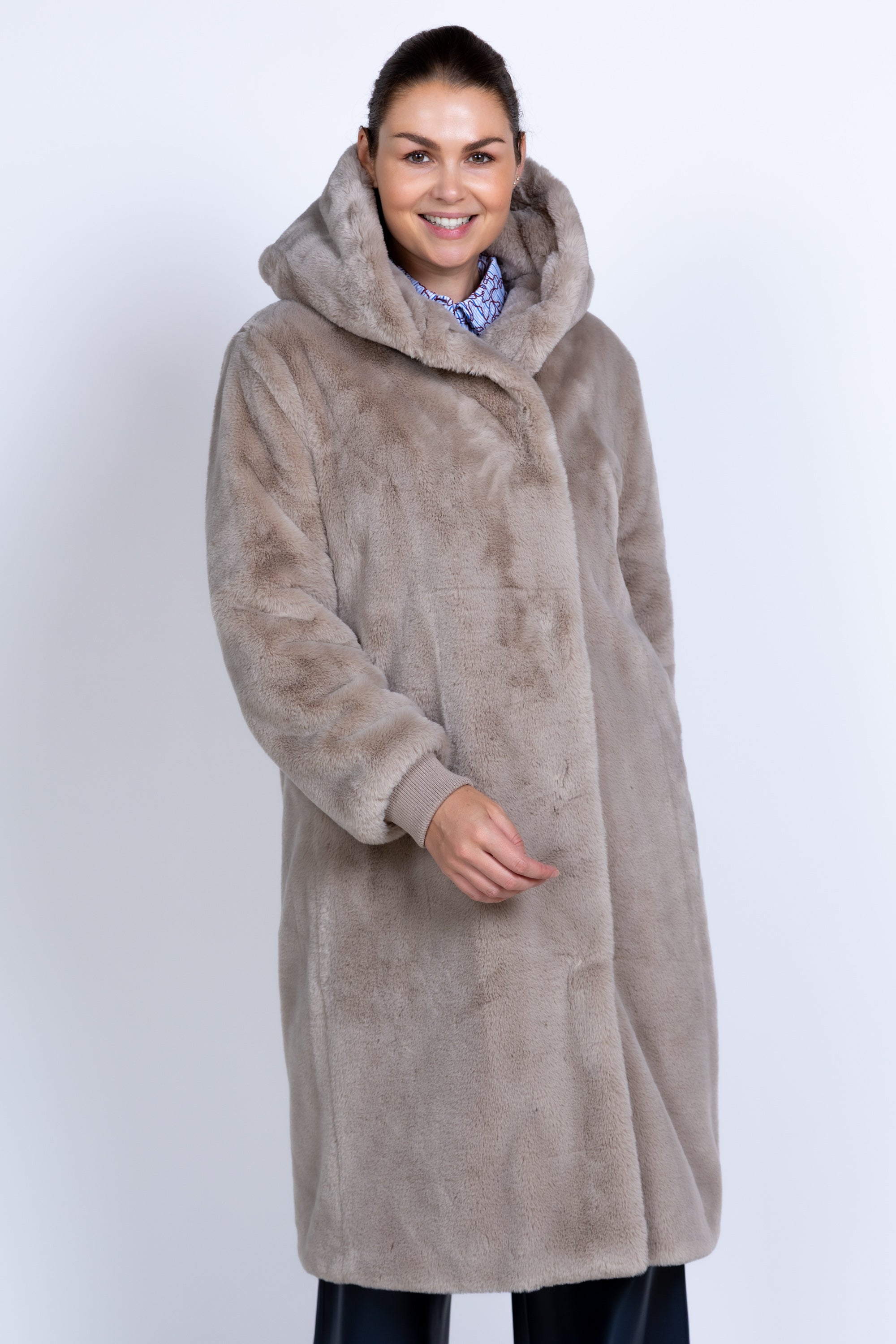 Wollen jas met capuchon - Licht taupe