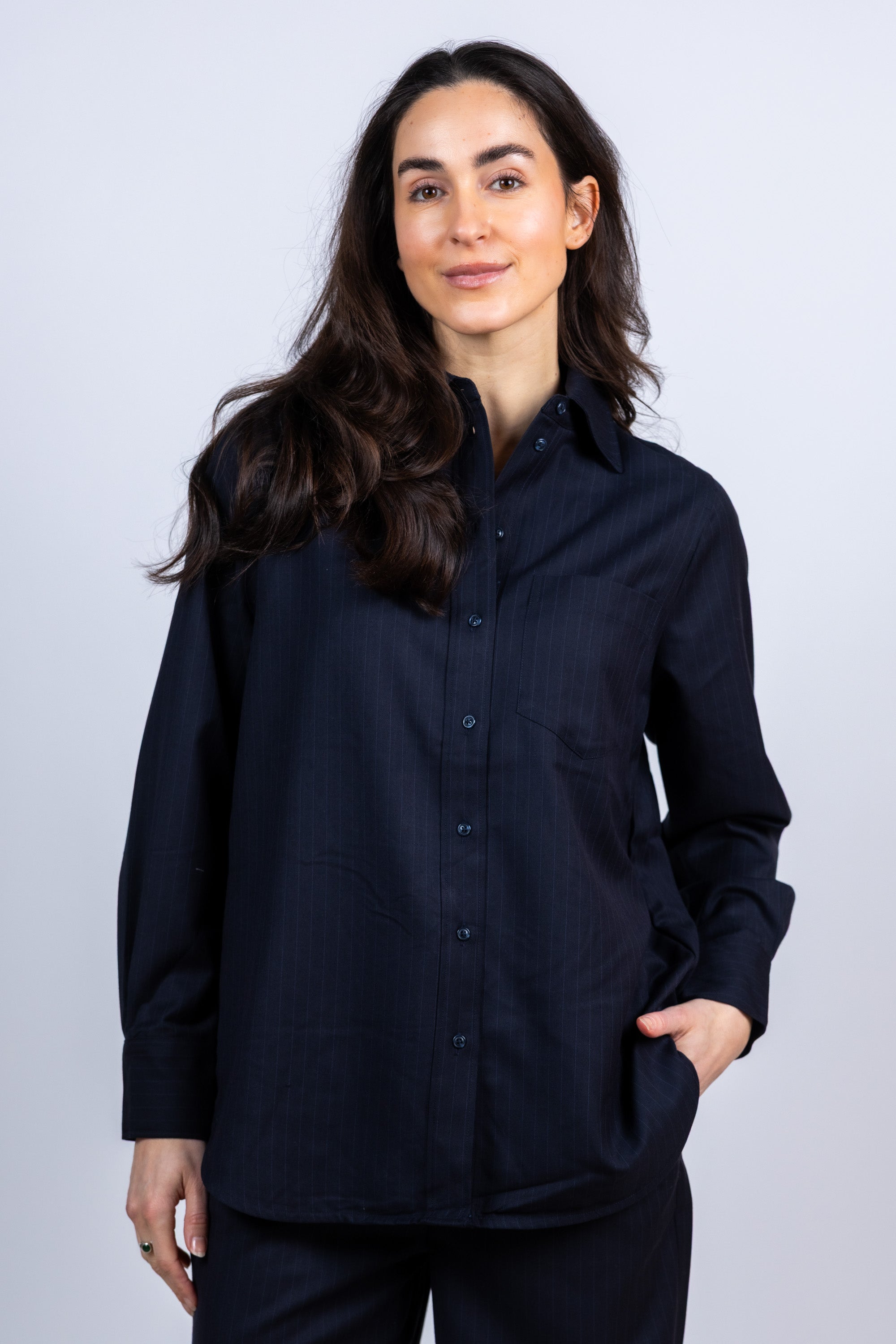 Krijtstreep blouse met knopen - Marine