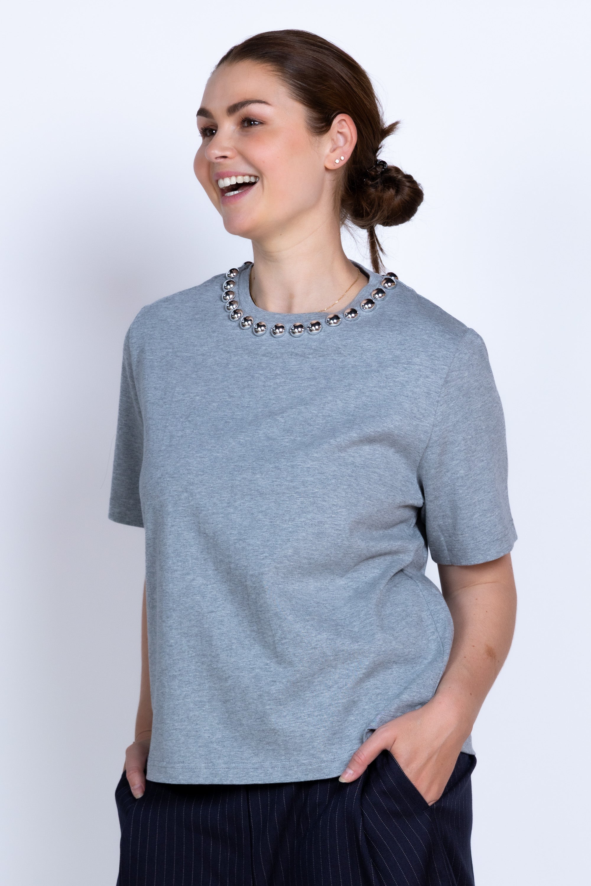T-shirt met studs - Lichtgrijs