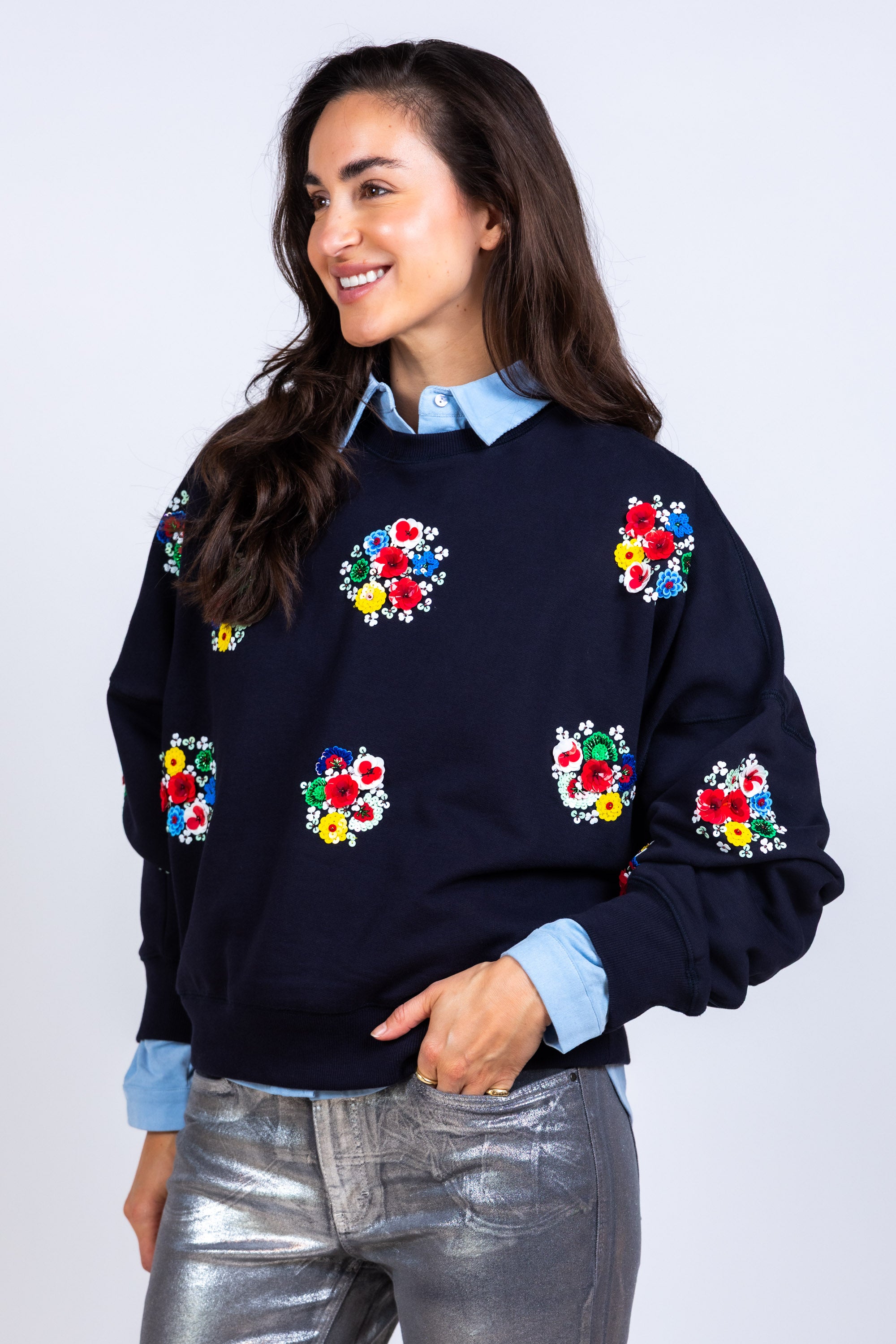 Trui met bloemen - Marine