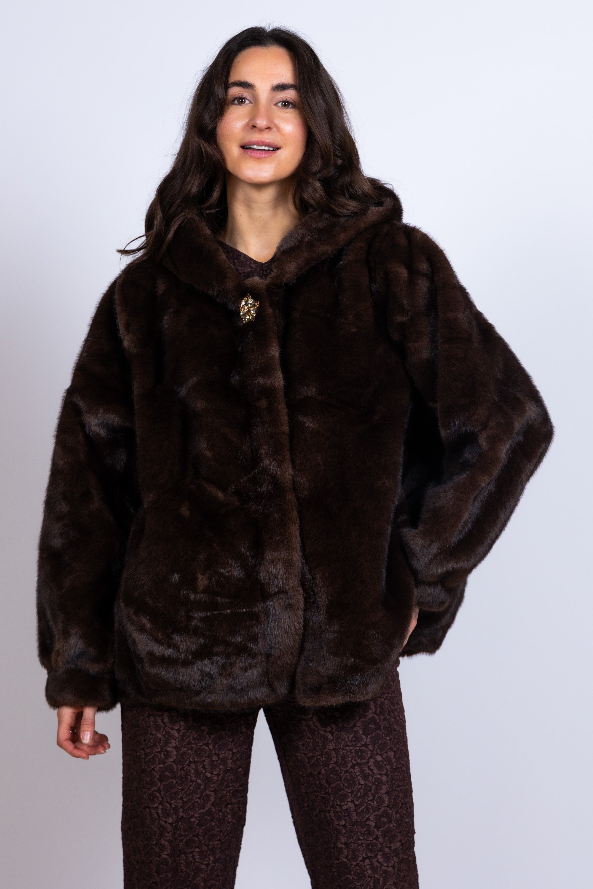 Bontjas met capuchon - Bruin