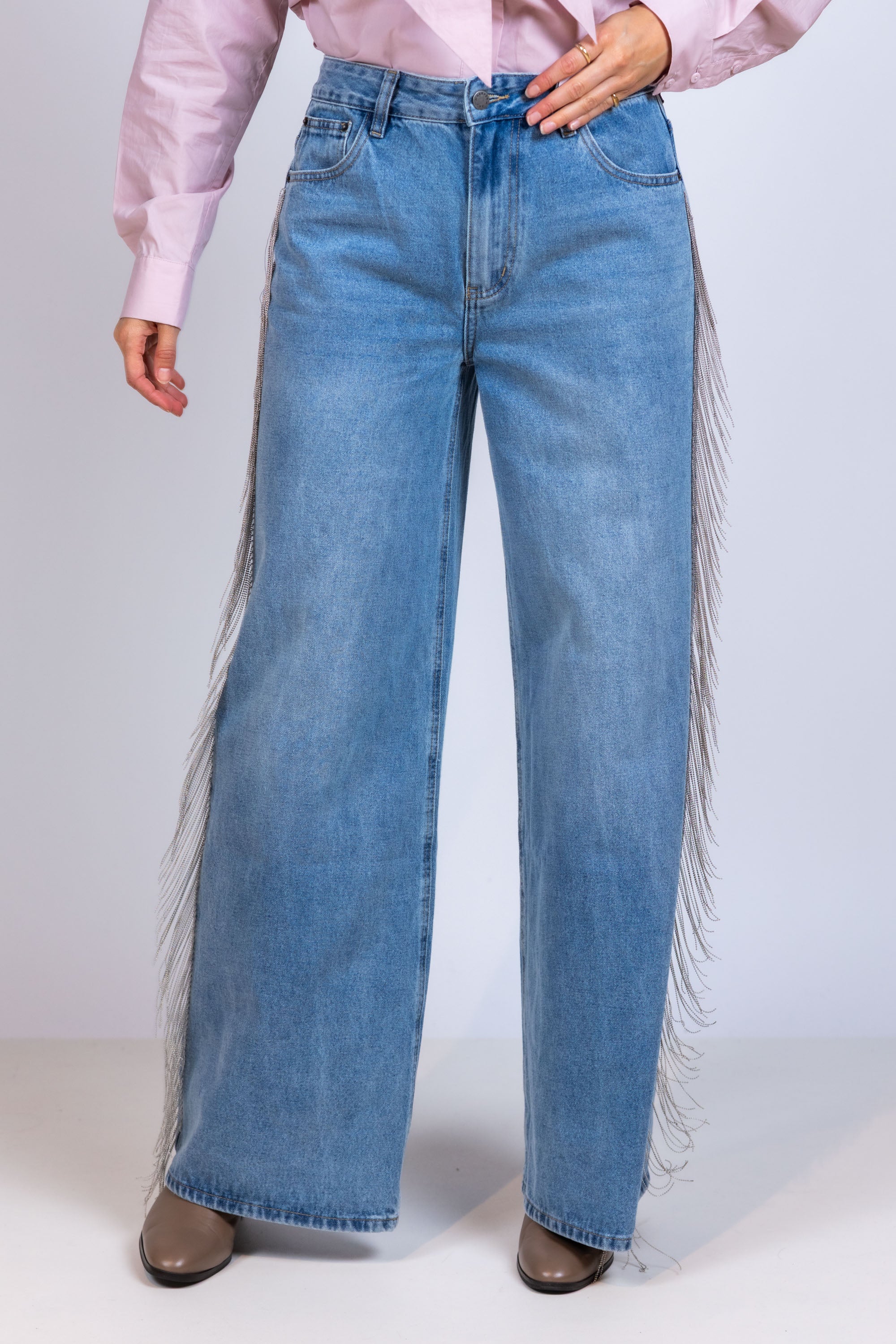 Wijde jeans met franjes - Licht jeans