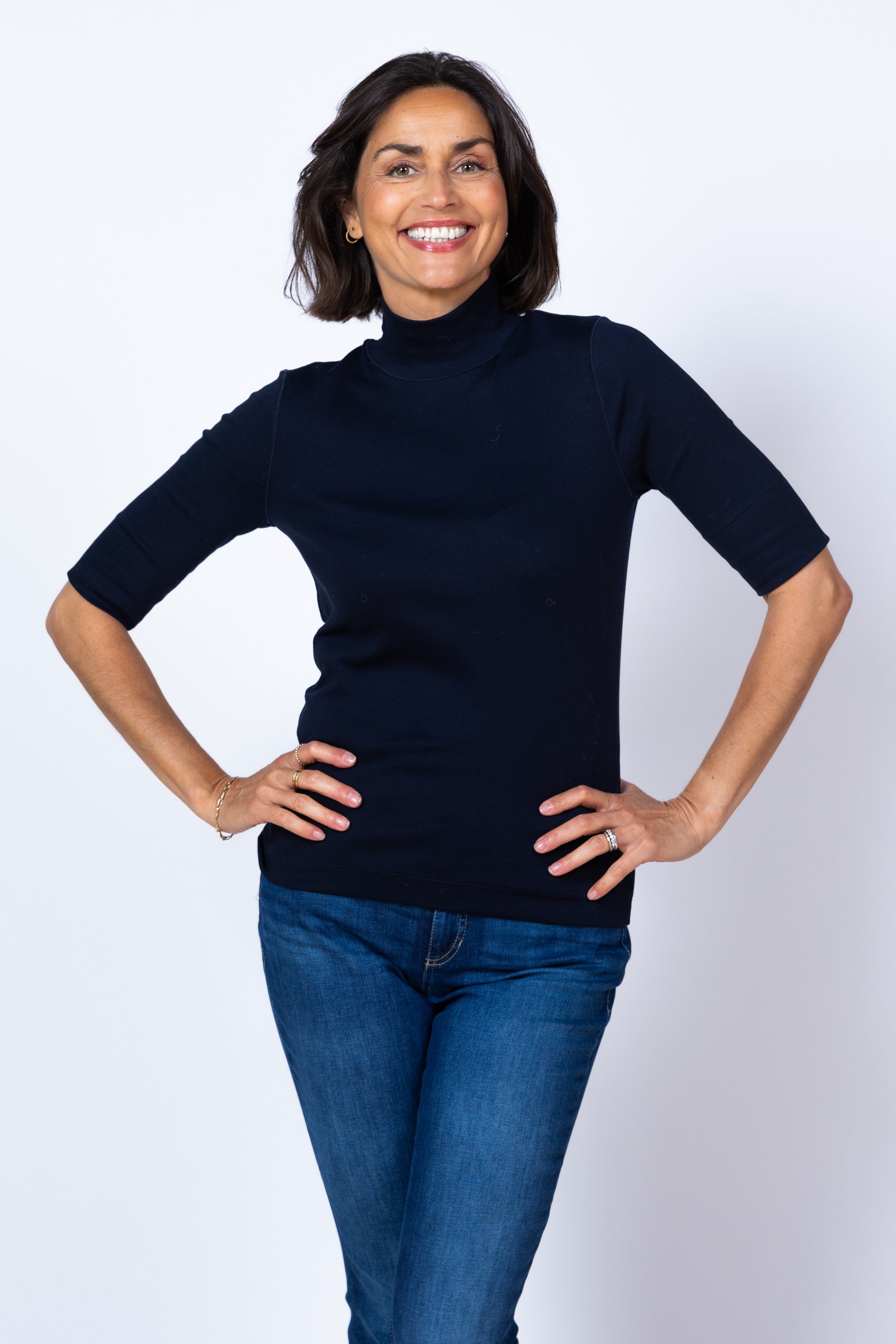 T-shirt met col en driekwartmouw - Marine