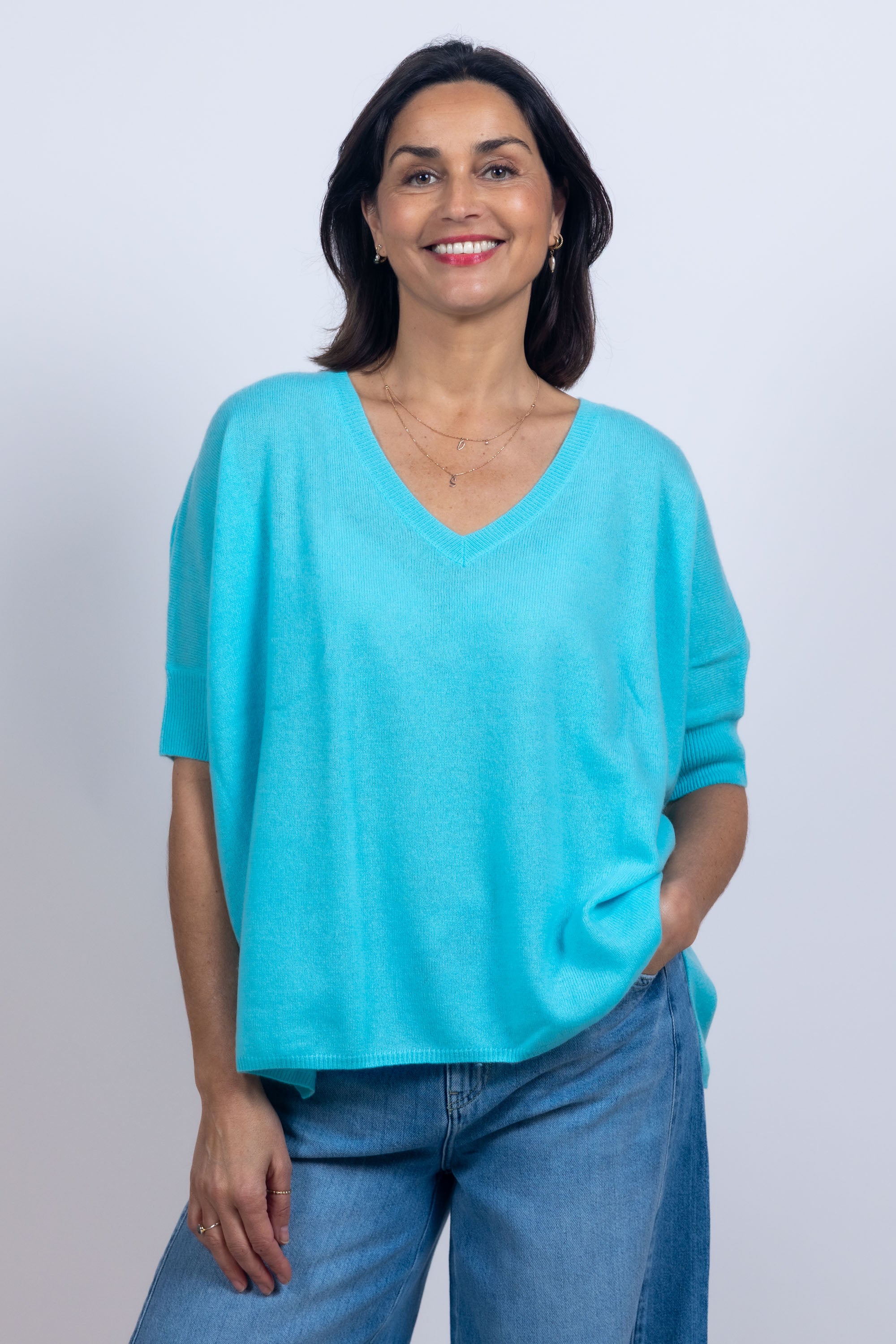 Trui met V-hals - Aqua