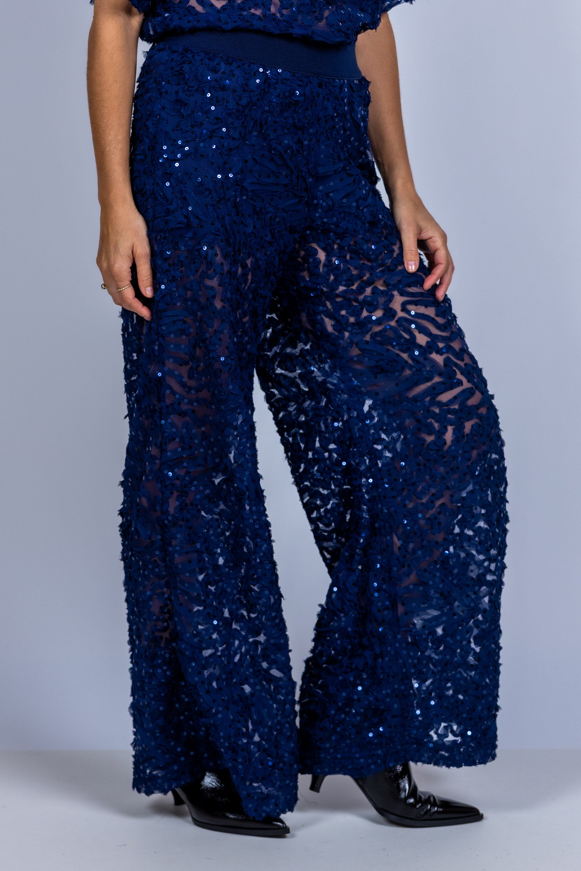 Wijde broek met pailletten - Marine