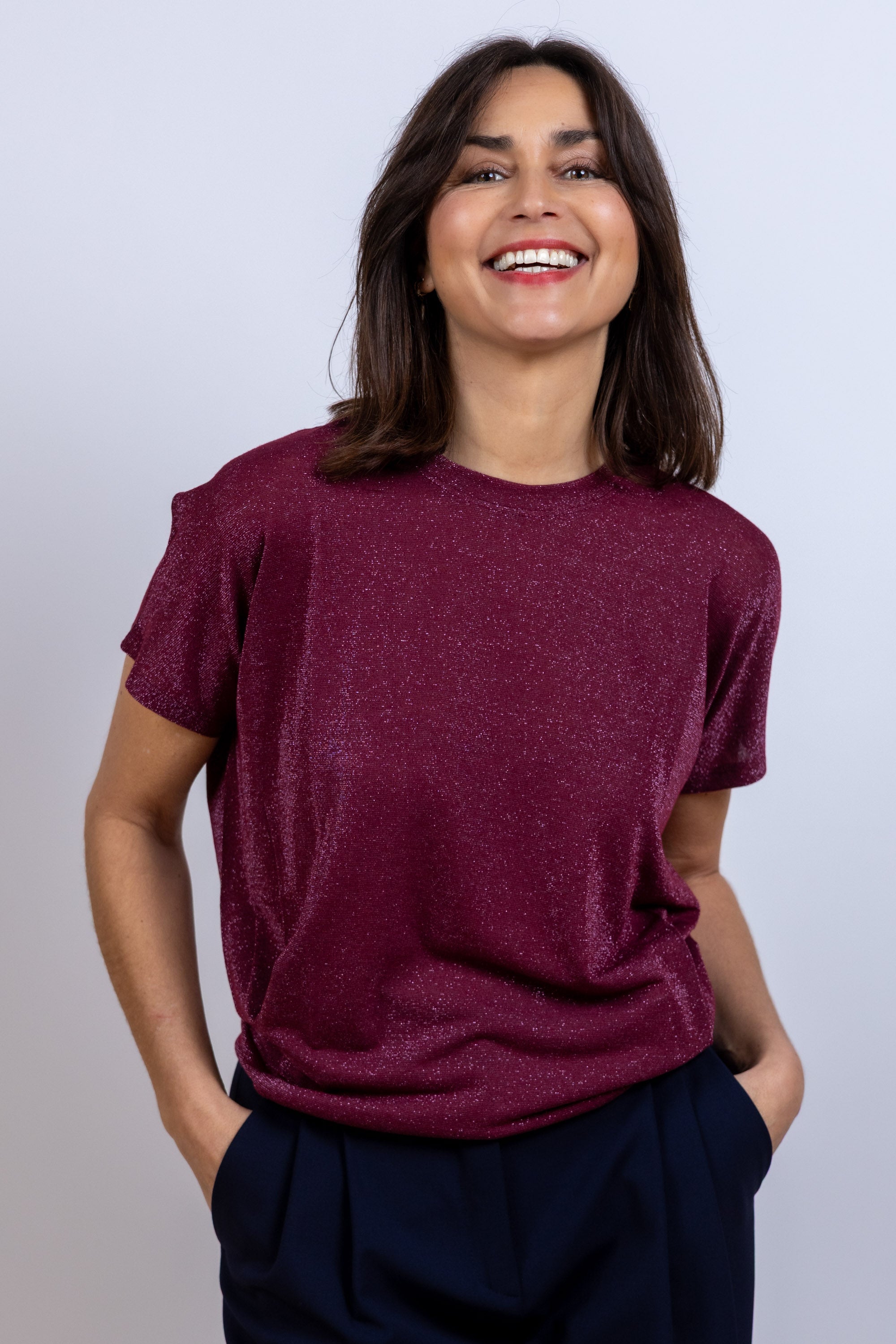 T-shirt met glitter - Framboos